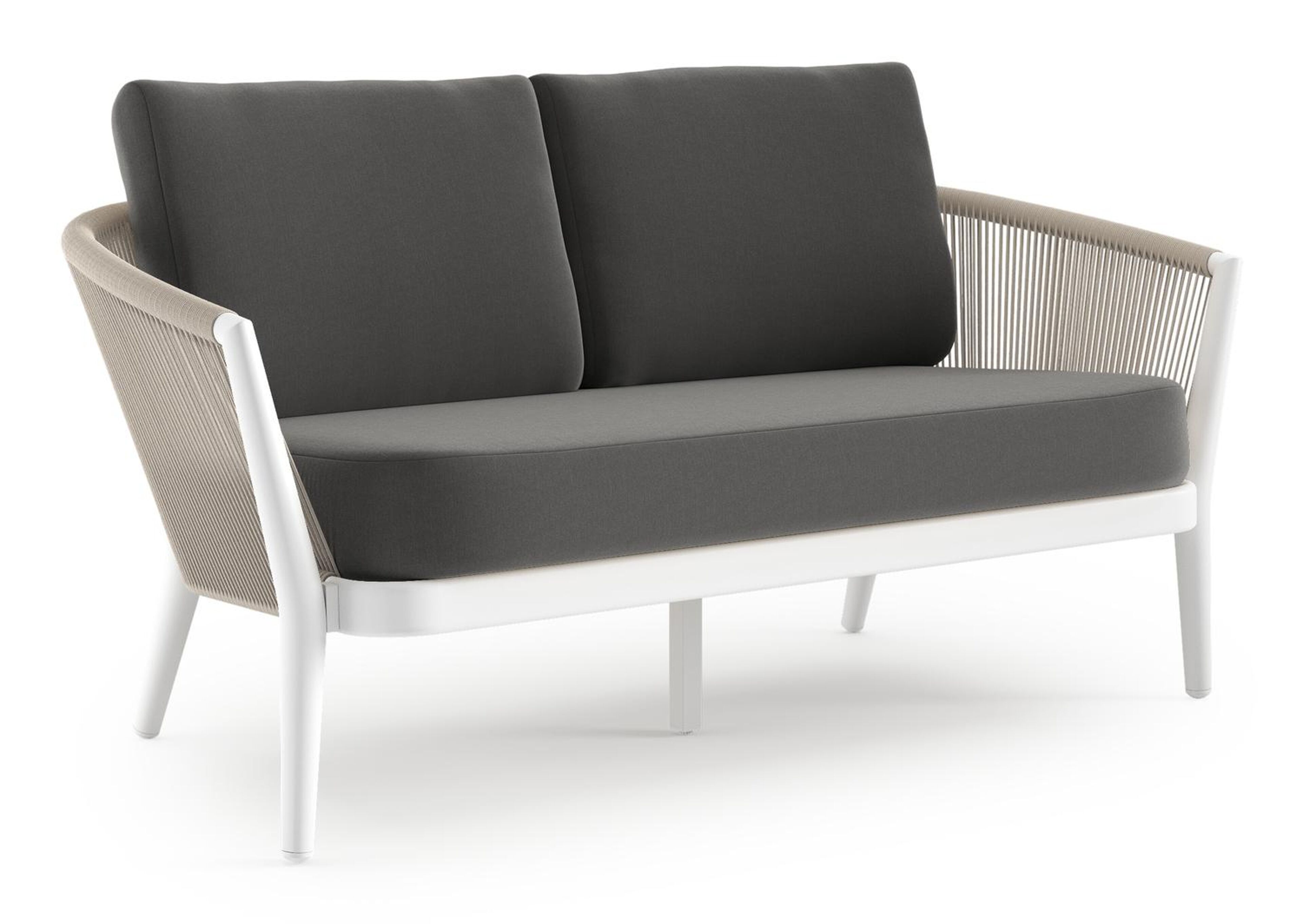 Orso loungebank in wit aluminium en beige verticaal geweven ronde rope met Natte Charcoal Chine all weather sunbrella® luxe kussen