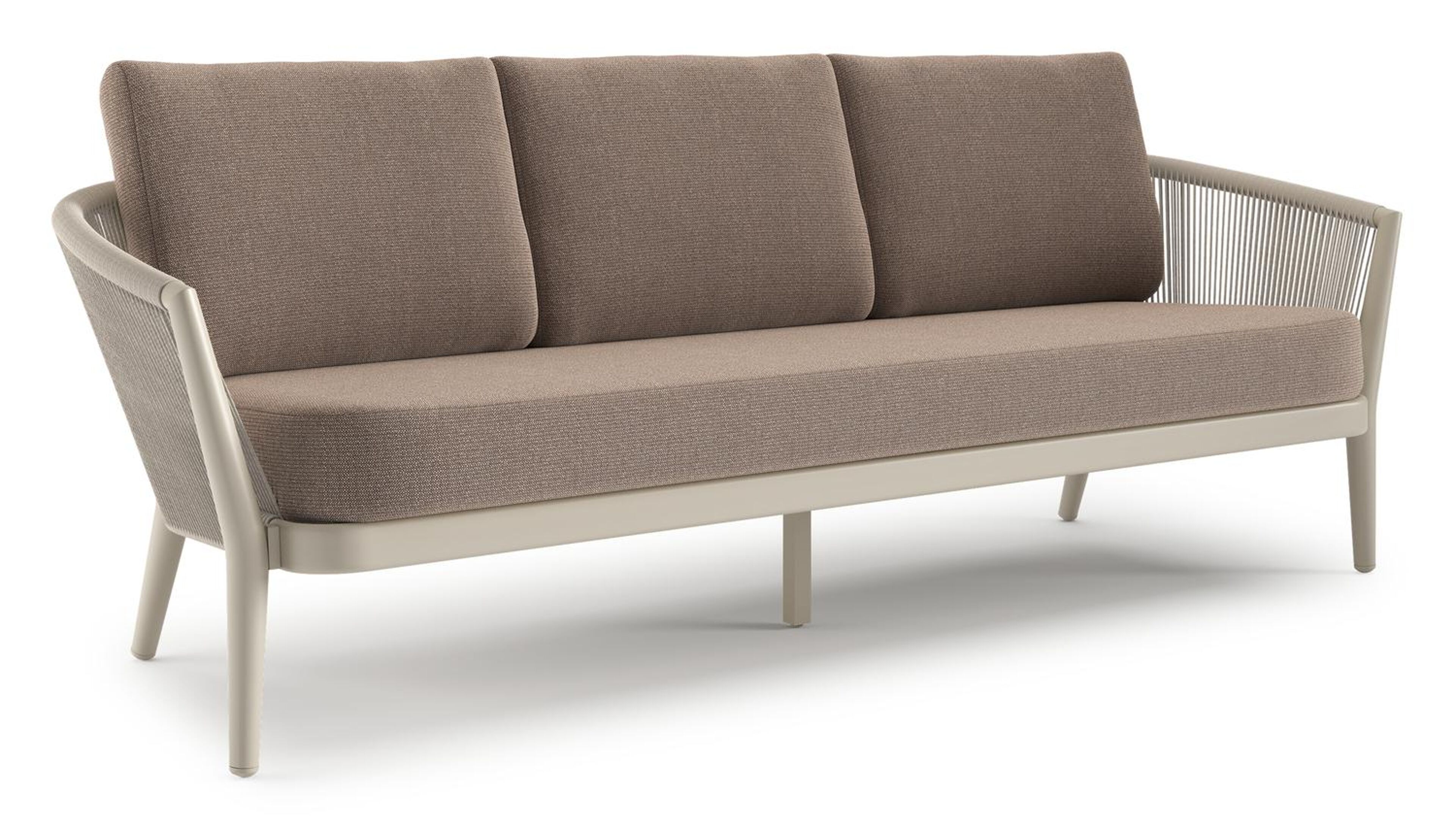 Orso loungebank in beige aluminium en beige verticaal geweven ronde rope met Savane Earth all weather sunbrella® luxe kussen