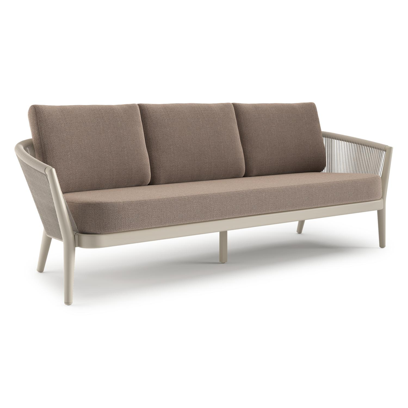 Orso loungebank in beige aluminium en beige verticaal geweven ronde rope met Savane Earth all weather sunbrella® luxe kussen