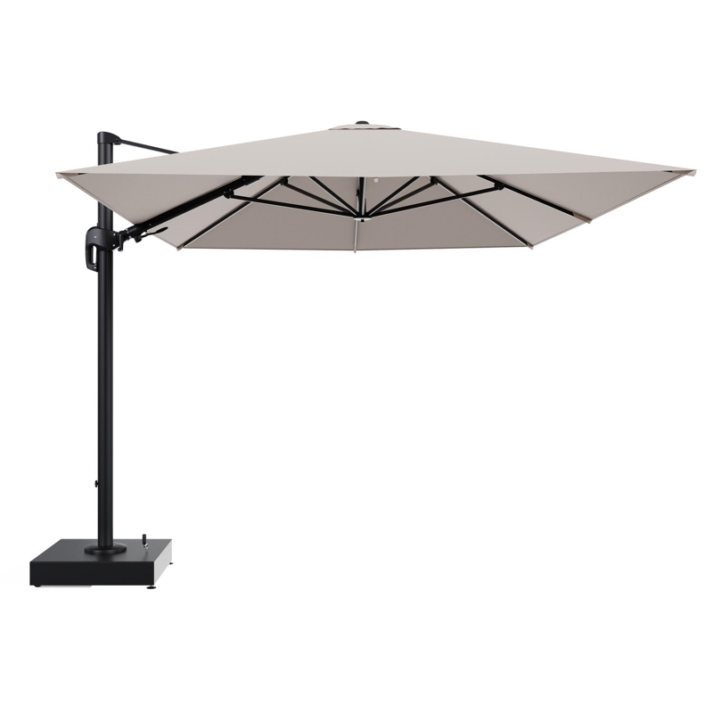 Rufina zweefparasol met tiltfunctie in zwart aluminium en Wander Pilat All Weather Sunbrella® Luxe parasoldoek - L1 400 x L2 300 cm met parasolvoet Minore 150 kg met wielen