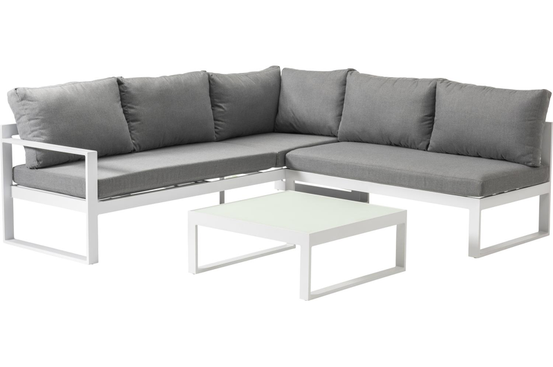 Caldela loungehoek in wit aluminium met grijs polyester kussens en loungetafel