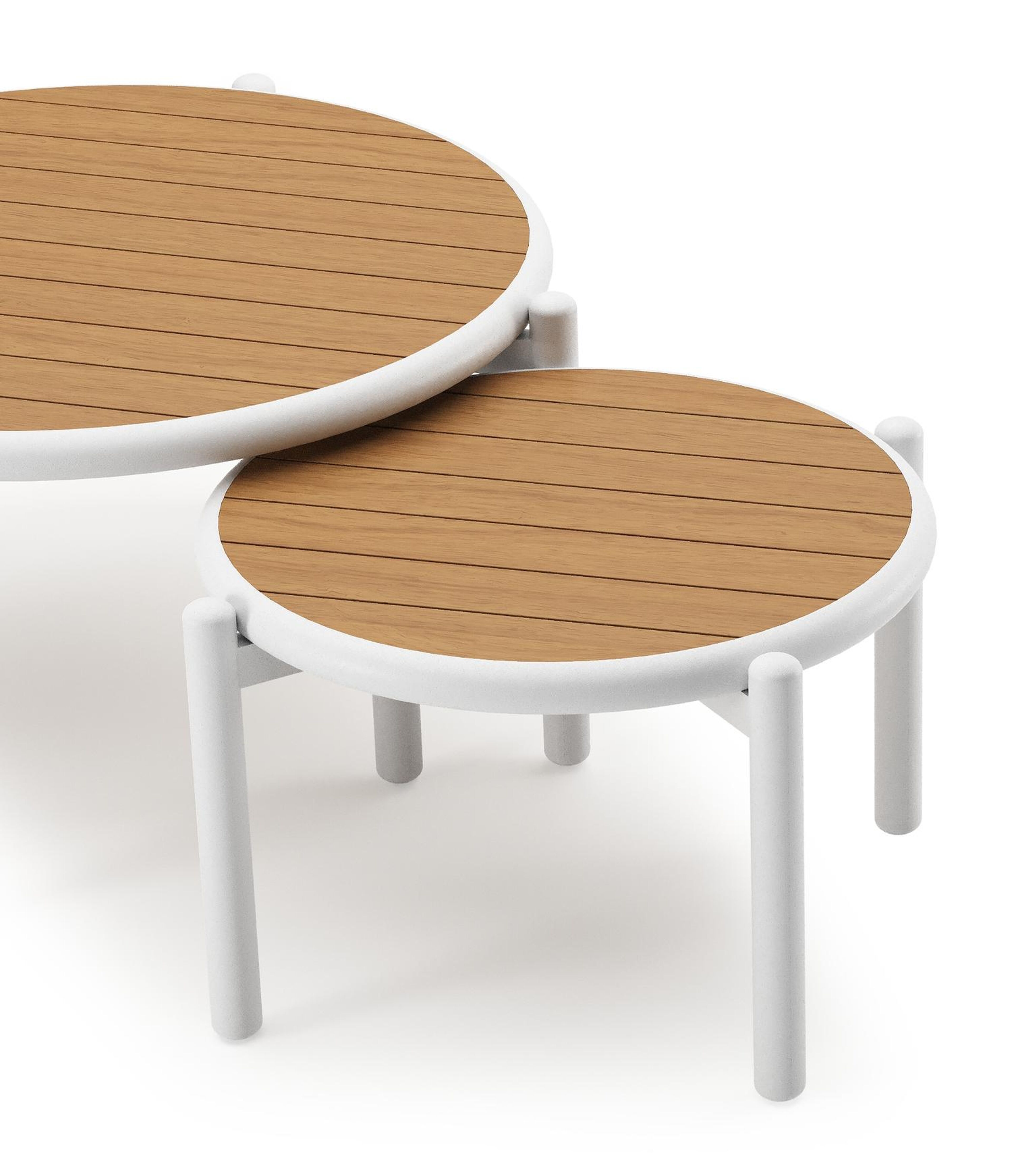 Tables basses Pulo en blanc aluminium et polywood - Diam. 70 - 50 x Haut. 37.5 - Table 1 : Dia. 70 x Haut. 38 cm / Table 2 : Dia. 50 x Haut. 33 cm