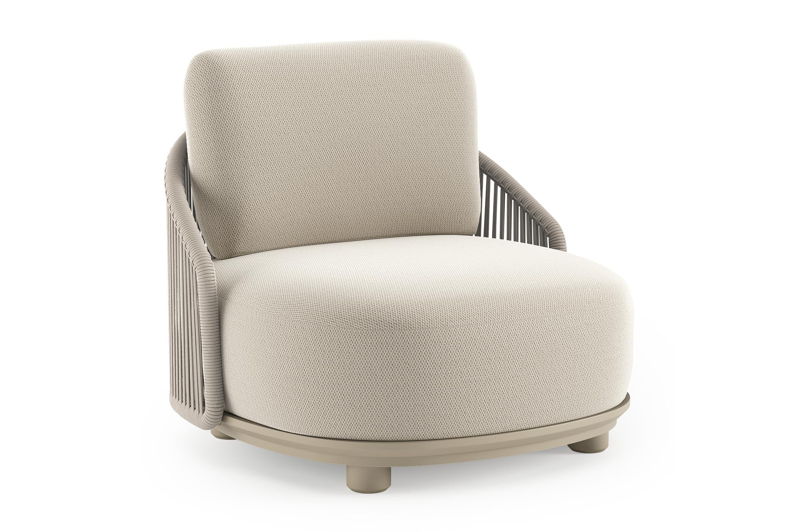 Vadelo loungestoel in beige aluminium en beige verticaal geweven ronde rope met lopi marble all weather sunbrella® luxe kussen