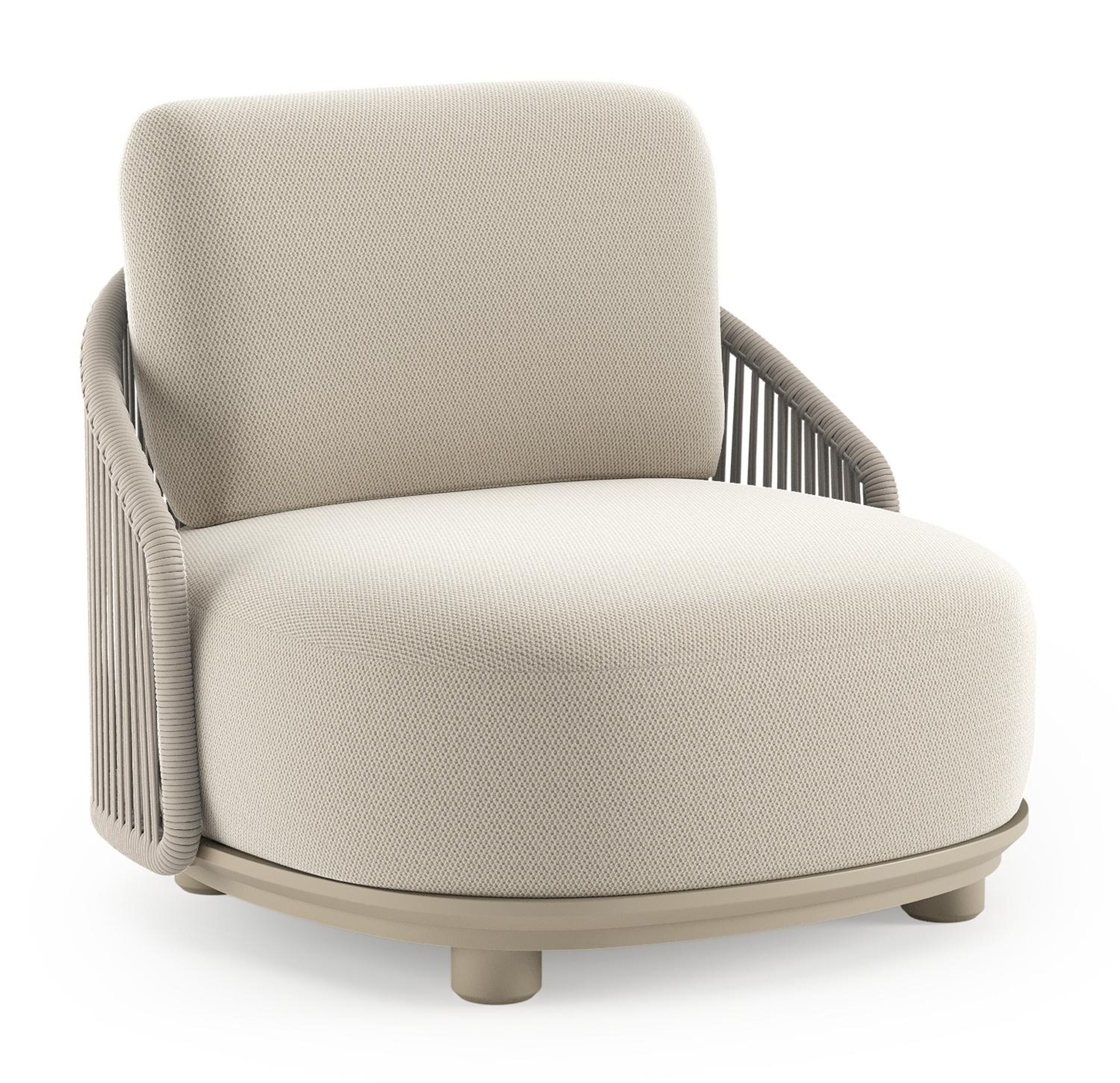 Vadelo loungestoel in beige aluminium en beige verticaal geweven ronde rope met lopi marble all weather sunbrella® luxe kussen