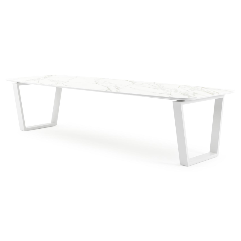 Table de jardin Pagino en aluminium blanc et céramique pleine calacatta - Lg 315 x Larg. 115 x H 74 cm