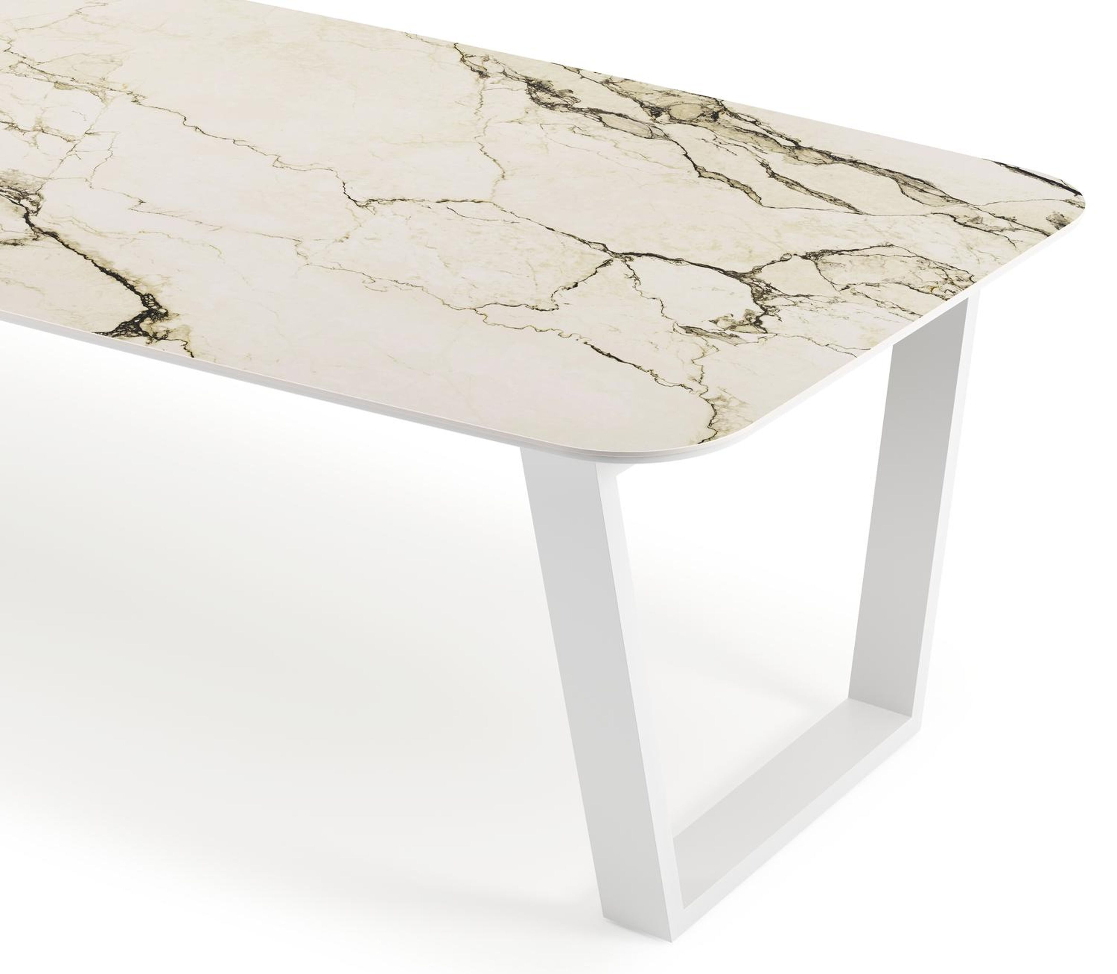 Table de jardin Pagino forme de bateau en aluminium blanc et céramique pleine colorado dunes - Lg. 315 x Lrg. 115 x Haut. 73 cm