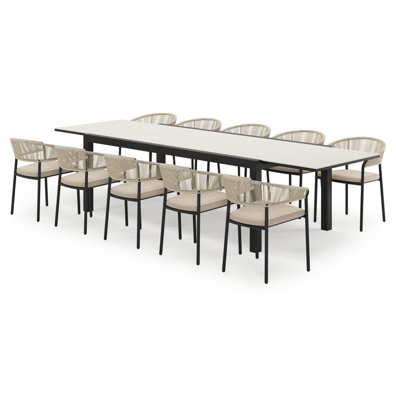Calobra ensemble de jardin extensible rectangulaire en aluminium noir en sintered stone crema minerale avec 10 chaises de jardin Zamora