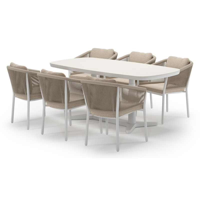 Tarsia tuinset bootvorm in wit aluminium en sintered stone Crema minerale met 6 Gerona tuinstoelen