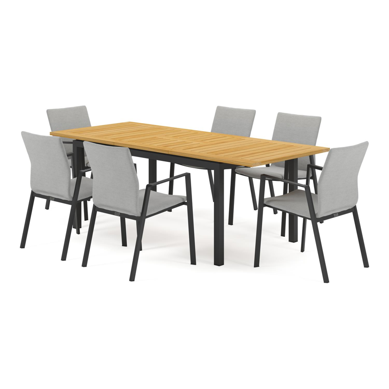 Ensemble de jardin Amalfi avec table extensible en aluminium noir avec plateau de table en teck et 6 chaises de jardin empilables Madura