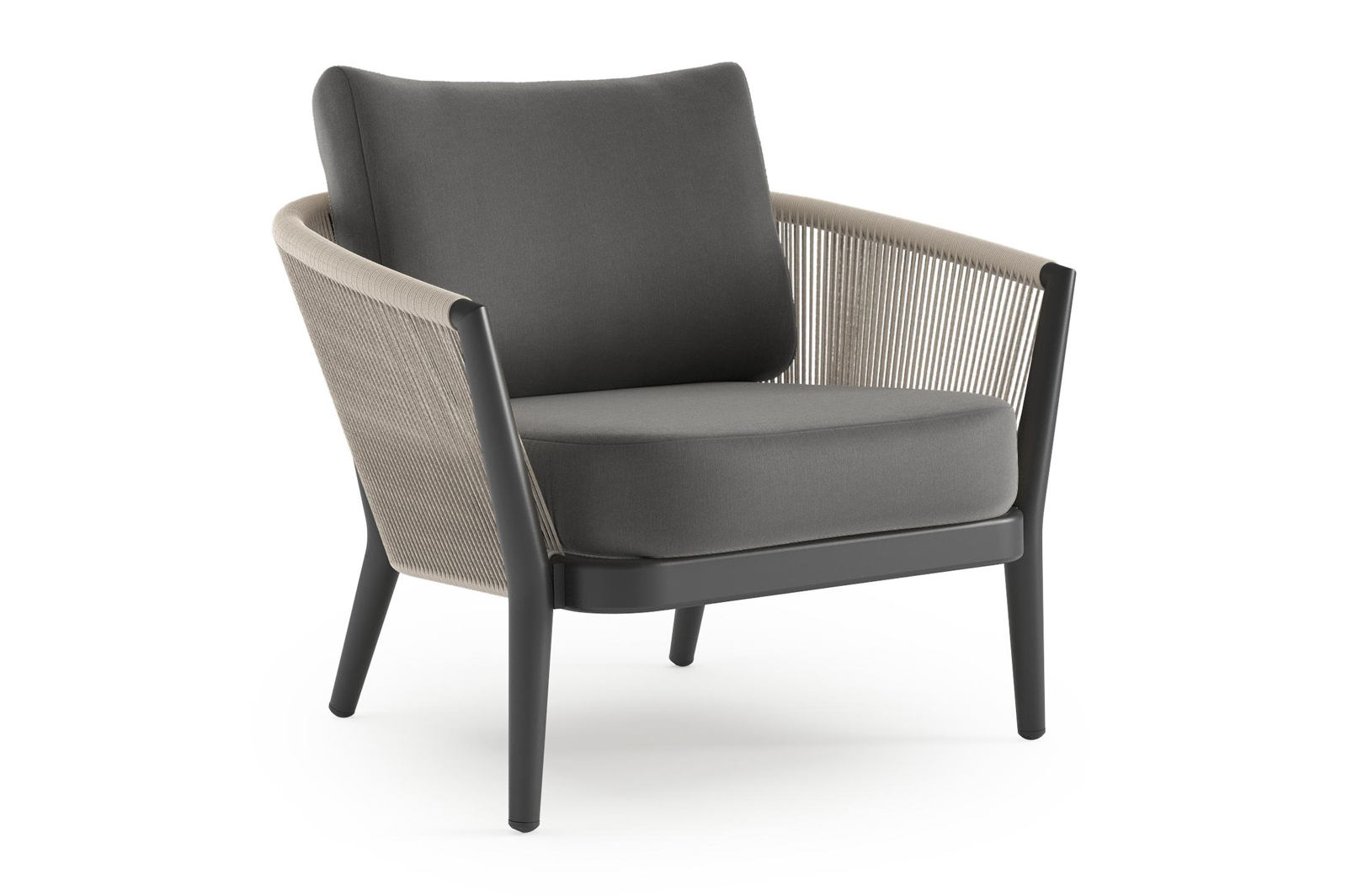 Orso loungestoel in zwart aluminium en beige verticaal geweven ronde rope met Natte Charcoal Chine all weather sunbrella® luxe kussen