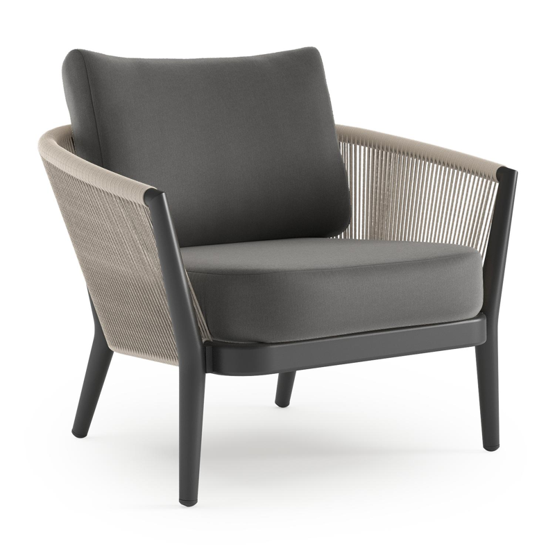 Fauteuil de jardin Orso en aluminium noir en corde ronde tissée verticalement beige et coussins en all weather sunbrella® luxe Natte Charcoal Chine