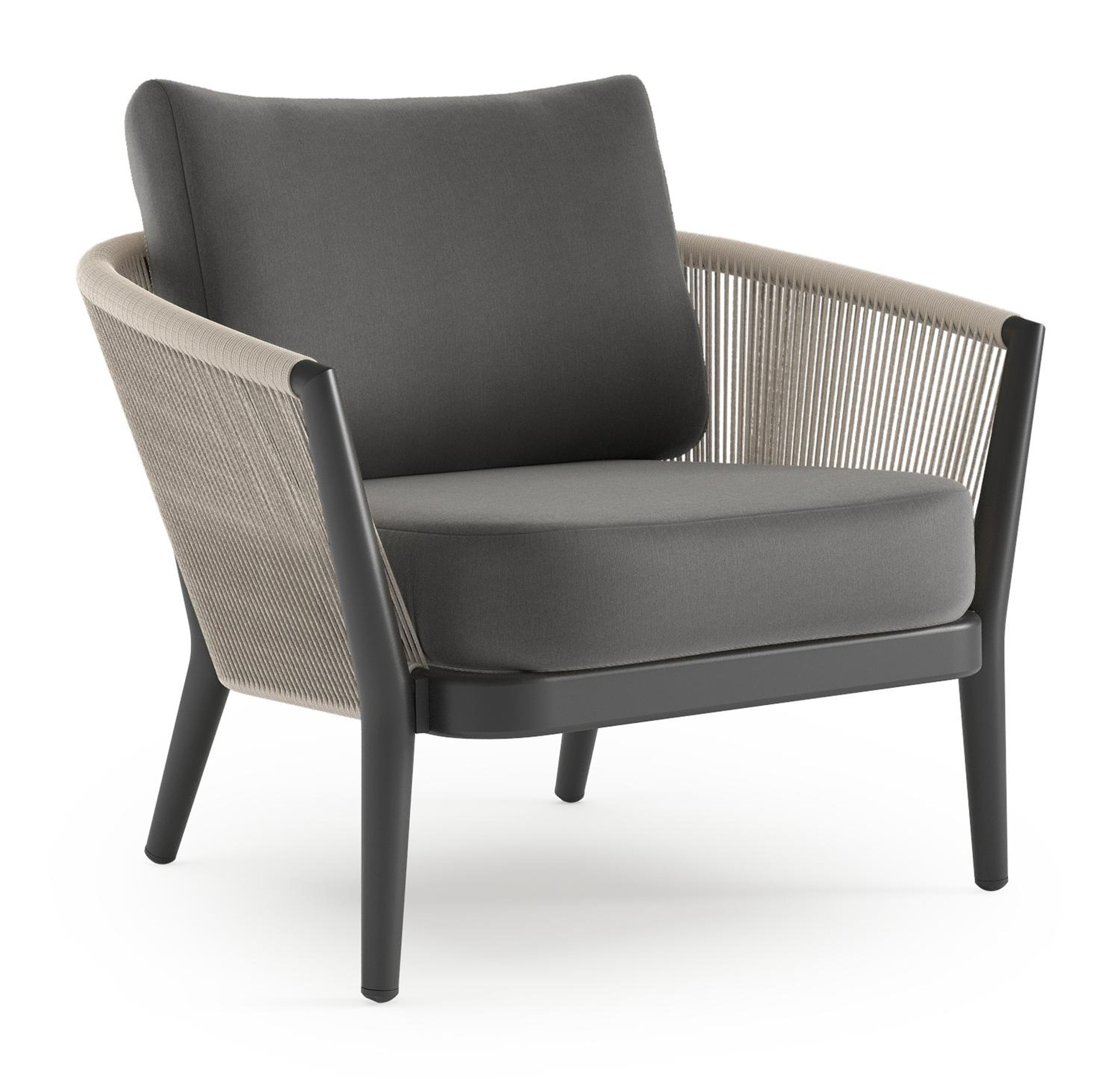 Orso loungestoel in zwart aluminium en beige verticaal geweven ronde rope met Natte Charcoal Chine all weather sunbrella® luxe kussen