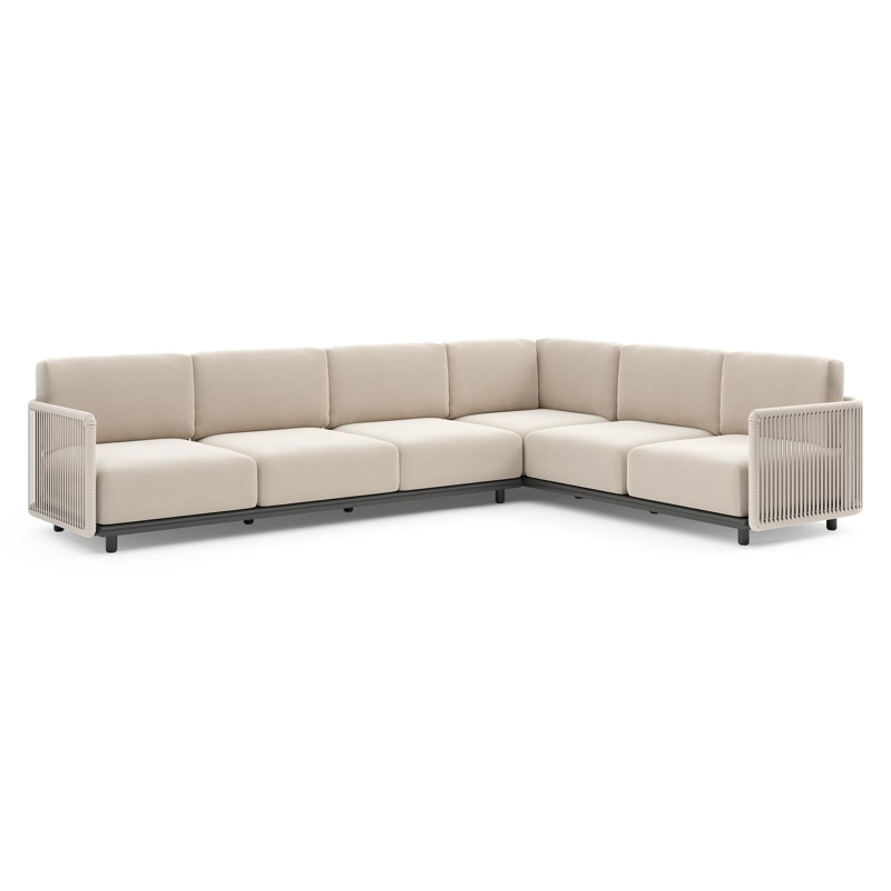 Salon de jardin d'angle Organo en aluminium noir et corde luxe plate tissée verticalement beige et coussin en all weather Sunbrella® luxe lopi antique