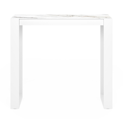 Table de bar Verato en aluminium blanc et céramique pleine calacatta luxe - Lg 120 x Larg. 70 x H 106 cm