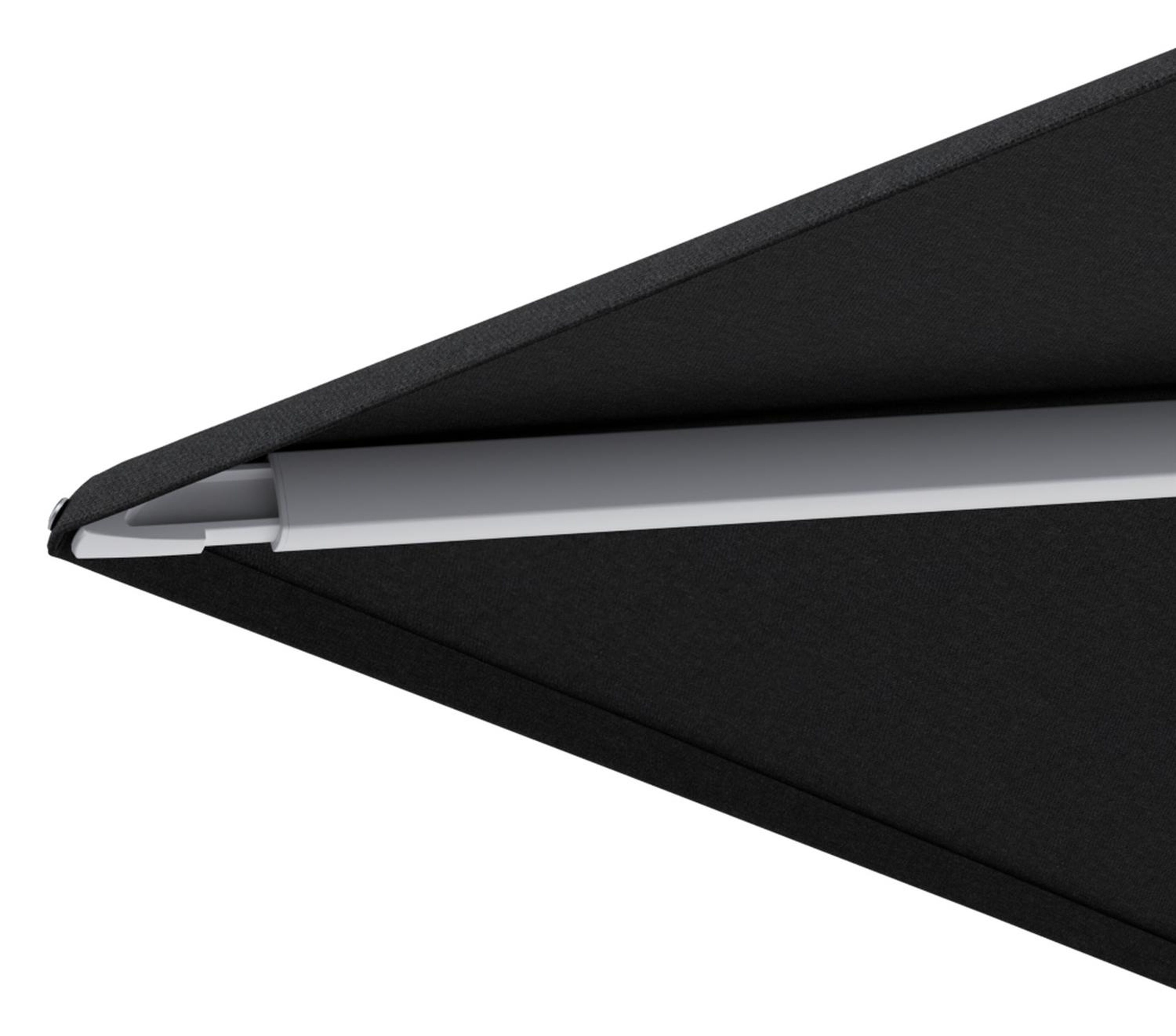 Minore zweefparasol met tiltfunctie in wit aluminium en Natte Sooty All Weather Sunbrella® Luxe parasoldoek - L1 400 x L2 300 cm met parasolvoet Minore 260 kg met wielen
