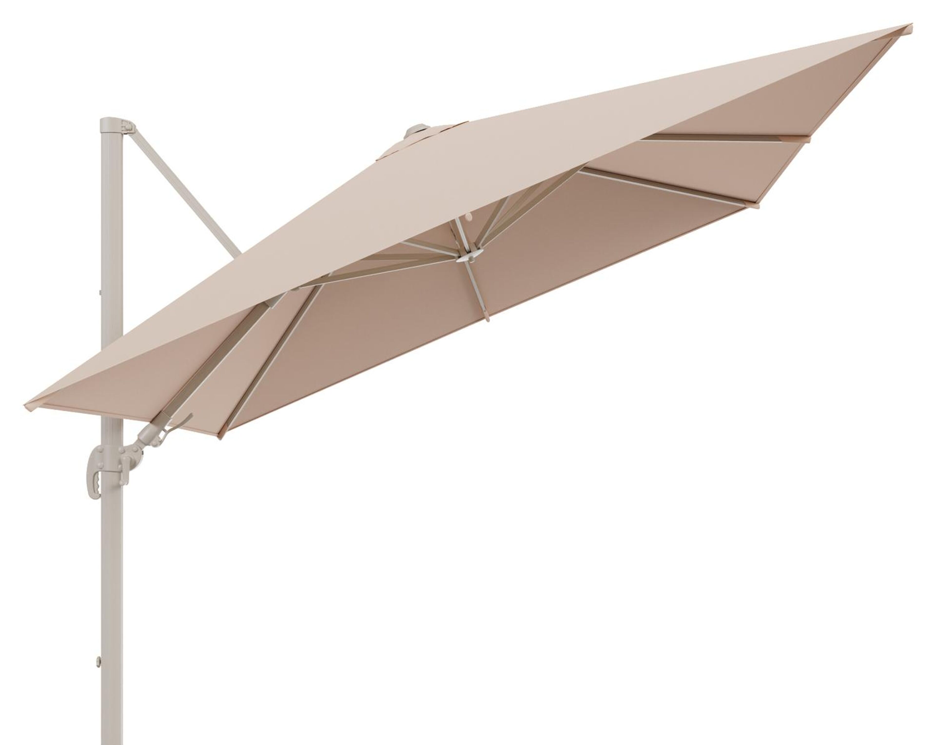 Avola zweefparasol met tiltfunctie in beige aluminium en All Weather Sunbrella Premium Natte Linen Chalk parasoldoek - L1 300 x L2 300 cm (zonder voet)