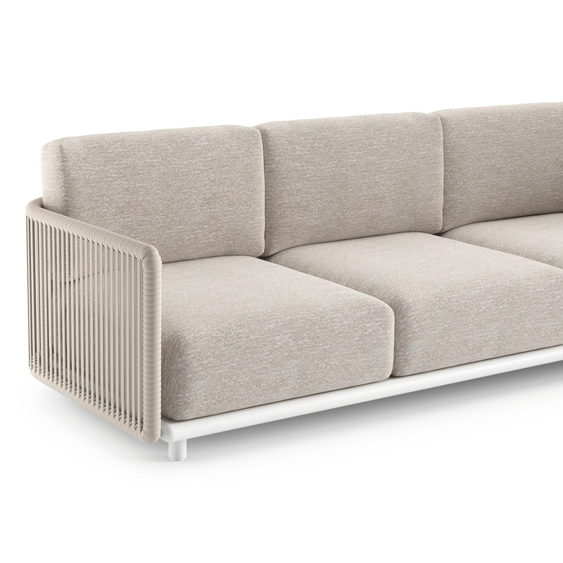 Organo loungehoek in wit aluminium en beige verticaal geweven luxe vlakke rope met tundra sand all weather Sunbrella® luxe kussen