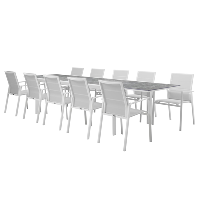 Aspra tuinset in wit aluminium en volkeramiek op glas grijs tafelblad met 10 stapelbare Cirello tuinstoelen