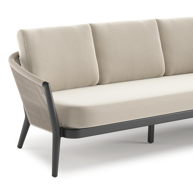 Orso loungeset in zwart aluminium en beige verticaal geweven ronde rope met Lopi Marble all weather sunbrella® luxe kussen