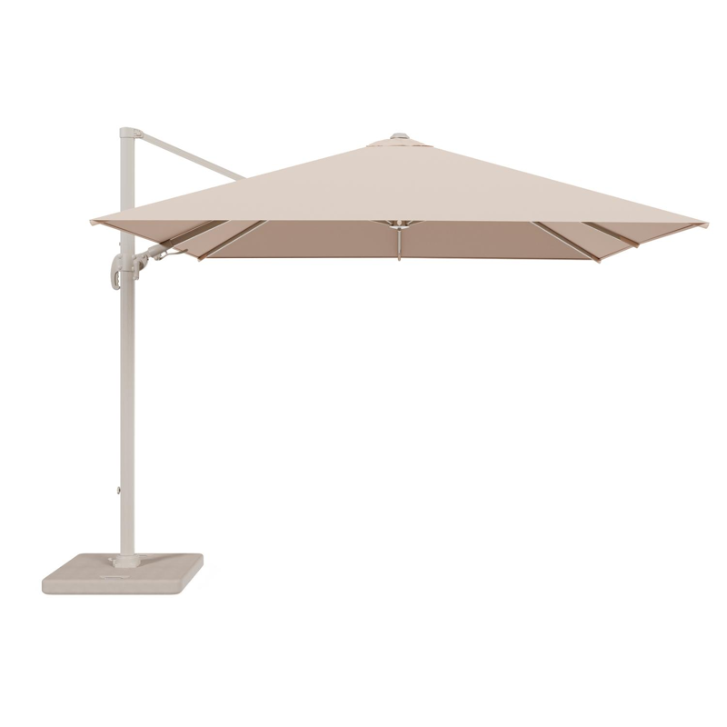 Avola zweefparasol met tiltfunctie in beige aluminium en Natte Linen Chalk Sunbrella Premium parasoldoek - L1 300 x L2 300 cm - met parasolvoet Pedito 120 kg
