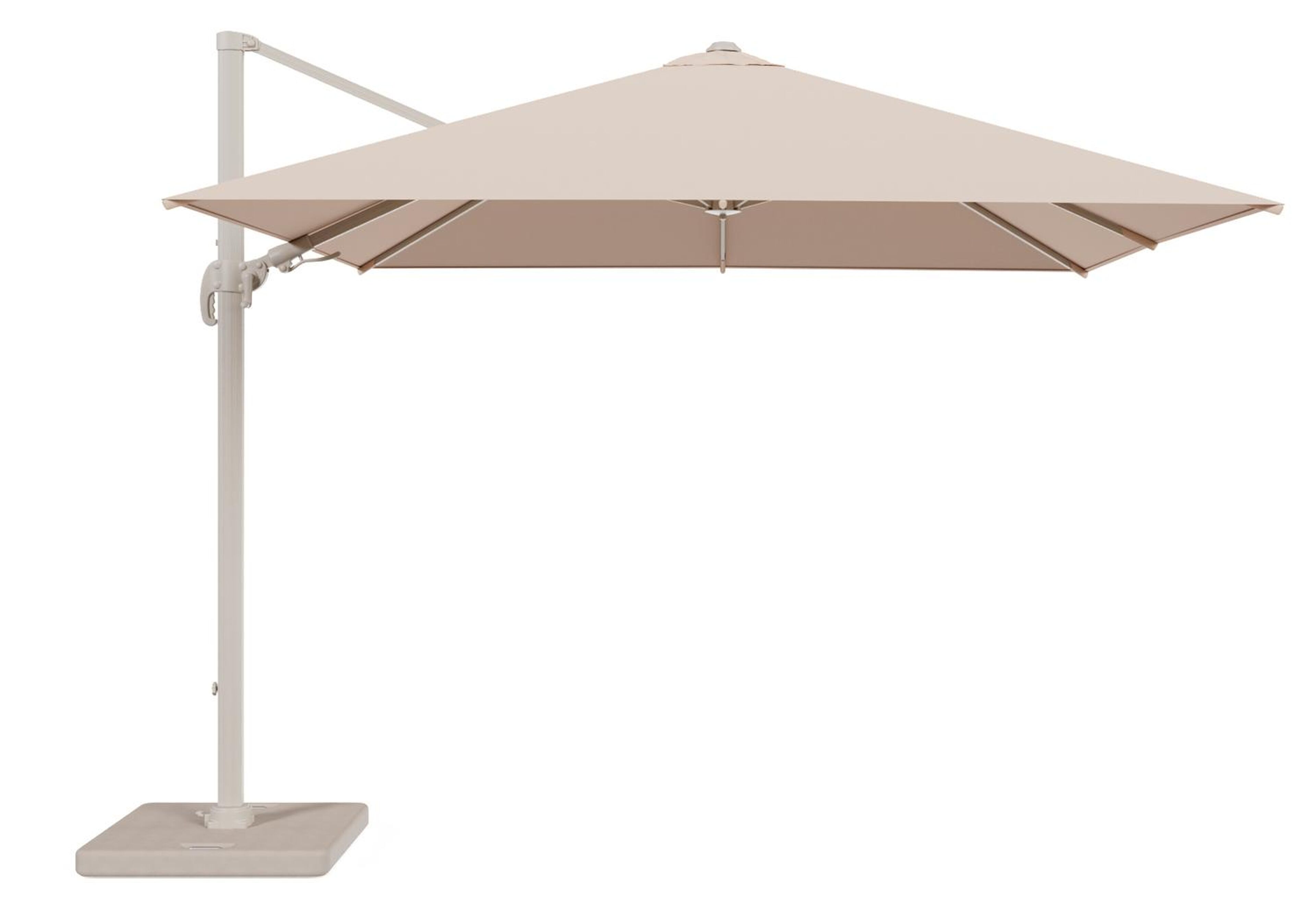 Avola zweefparasol met tiltfunctie in beige aluminium en Natte Linen Chalk Sunbrella Premium parasoldoek - L1 300 x L2 300 cm - met parasolvoet Pedito 120 kg