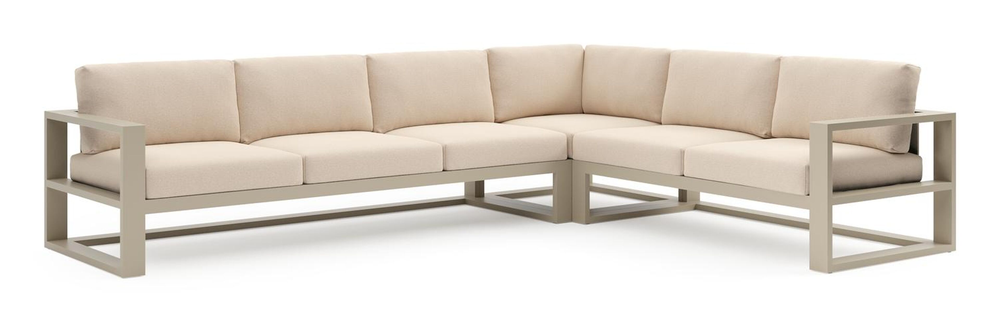 Verato loungehoek in beige aluminium met heritage papyrus all weather sunbrella® luxe kussen
