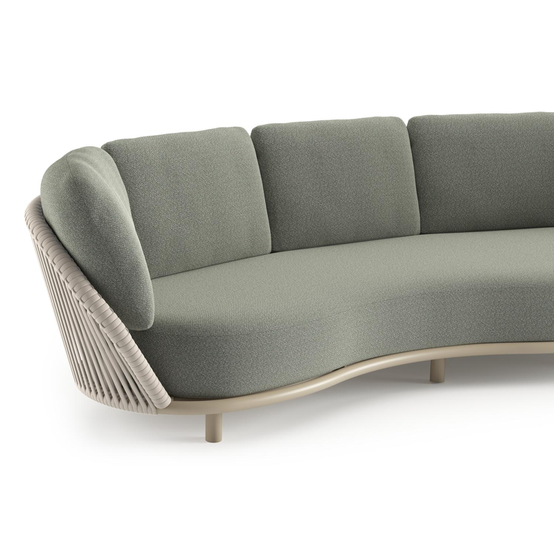 Canapé de jardin Lupino en aluminium beige et corde large plate de luxe tissée verticalement beige et coussins en all weather sunbrella® luxe savane leaf