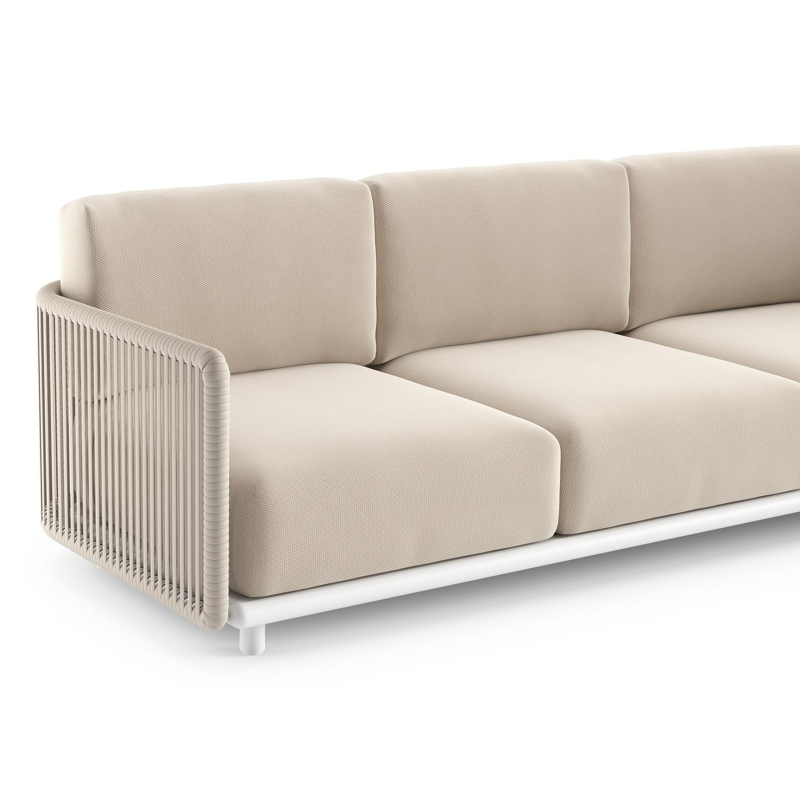 Salon de jardin d'angle Organo en aluminium blanc et corde luxe plate tissée verticalement beige et coussin en all weather Sunbrella® luxe lopi antique