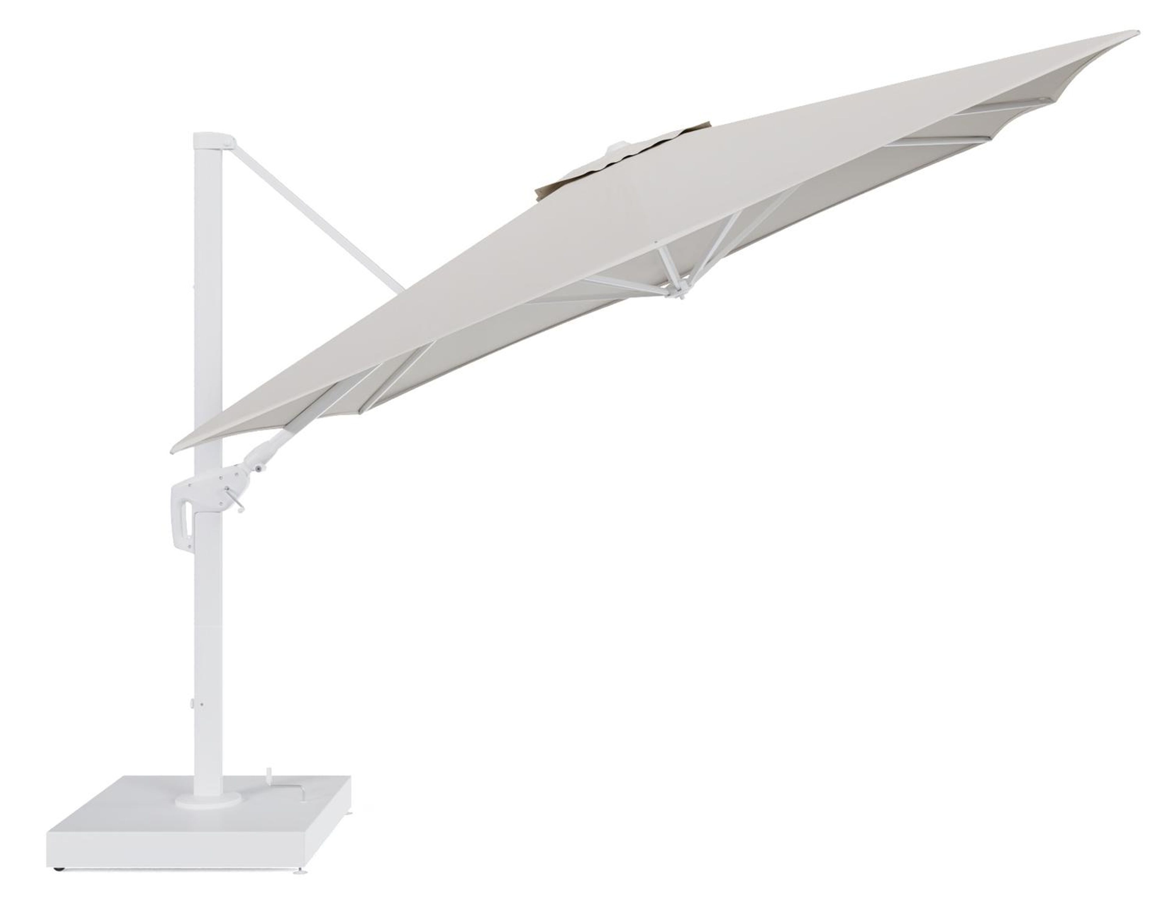 Minore zweefparasol met tiltfunctie in wit aluminium en Lopi Marble All Weather Sunbrella® Luxe parasoldoek - L1 350 x L2: 350 cm met parasolvoet Minore 260 kg met wielen