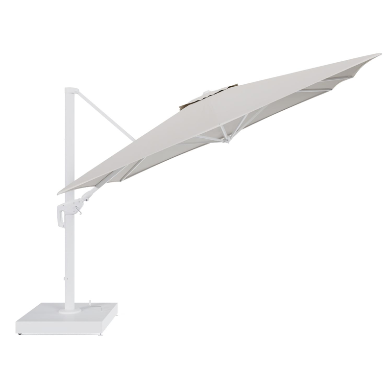 Minore zweefparasol met tiltfunctie in wit aluminium en Lopi Marble All Weather Sunbrella® Luxe parasoldoek - L1 350 x L2: 350 cm met parasolvoet Minore 260 kg met wielen