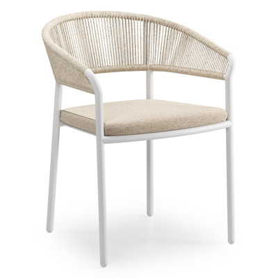 Zamora tuinstoel stapelbaar in wit aluminium en beige gedraaide ronde wicker met weather+ softtouch rustic kussen