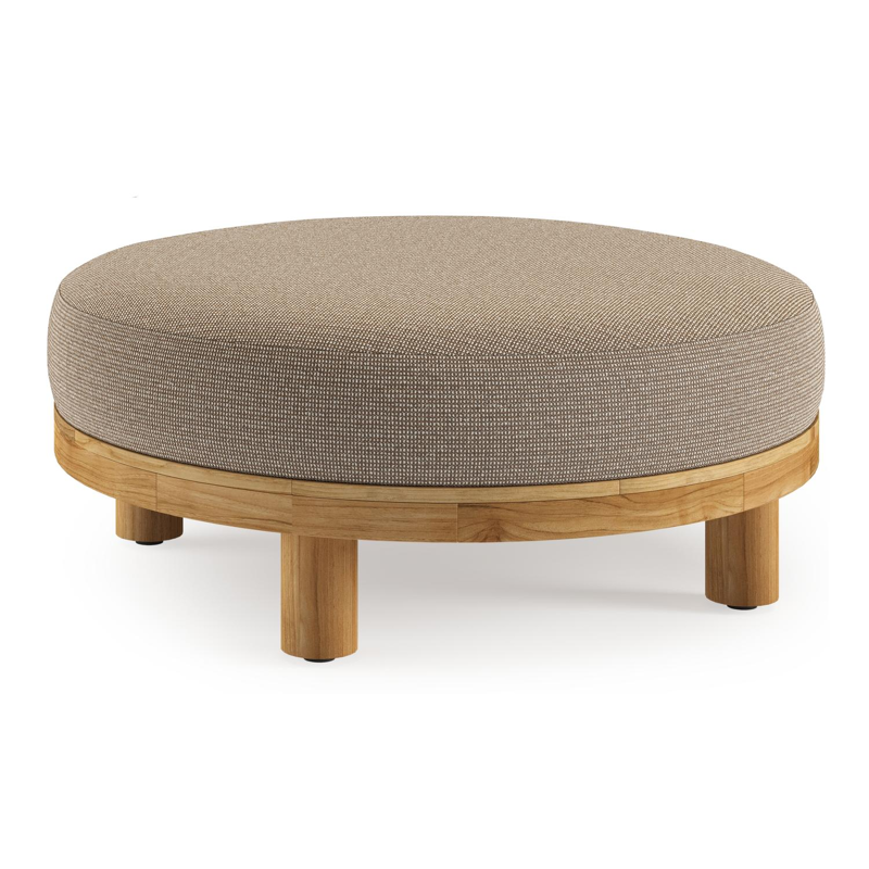 Salon de jardin pouf Donato en teck et corde ronde tissée verticalement beige et coussins en all weather solica Firenze Earth