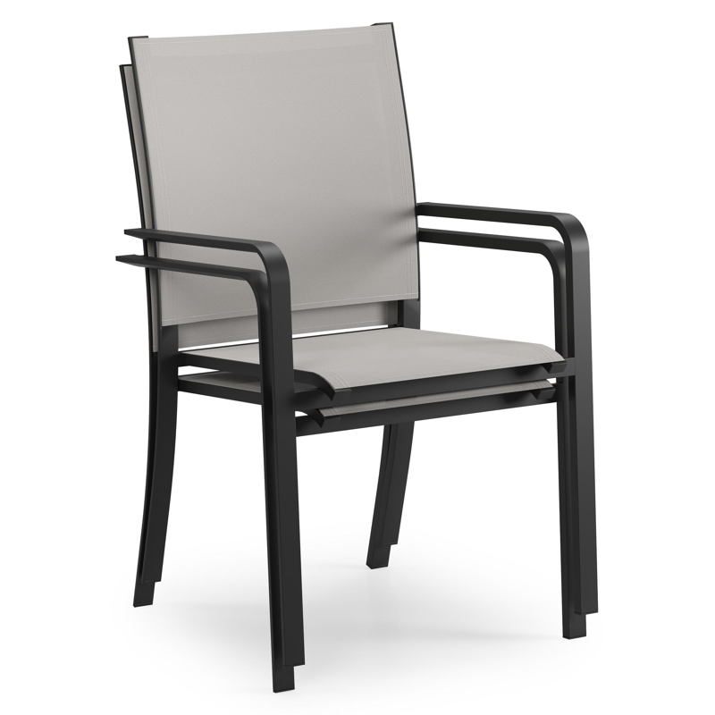 Livo tuinset in zwart aluminium en naturel teak tafelblad met 6 stapelbare Calobra tuinstoelen