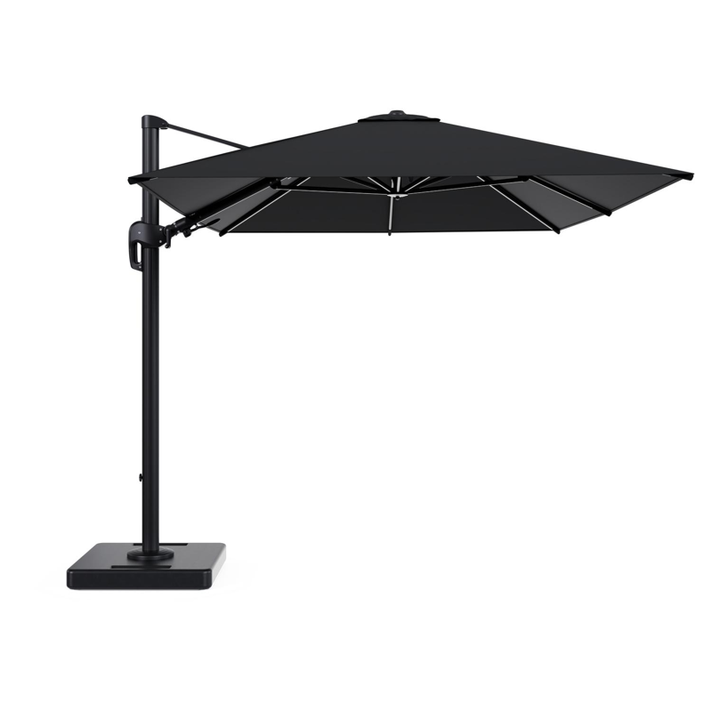 Rufina zweefparasol tiltfunctie in zwart aluminium en parasoldoek in All Weather Sunbrella® Premium Zwart - L1 350 x L2 250 cm met parasolvoet Lapido 160 kg