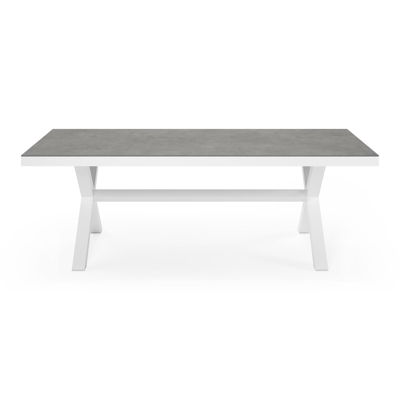 Ensemble de jardin Reza en aluminium blanc avec plateau de table en céramique pleine gris et 6 chaises de jardin empilables Calobra