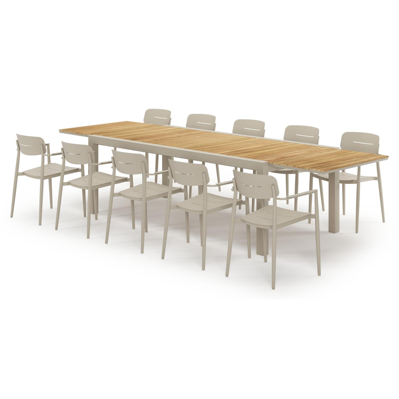 Ensemble de jardin Calobra extensible rectangulaire en aluminium beige et teck avec 10 chaises de jardin Cosa