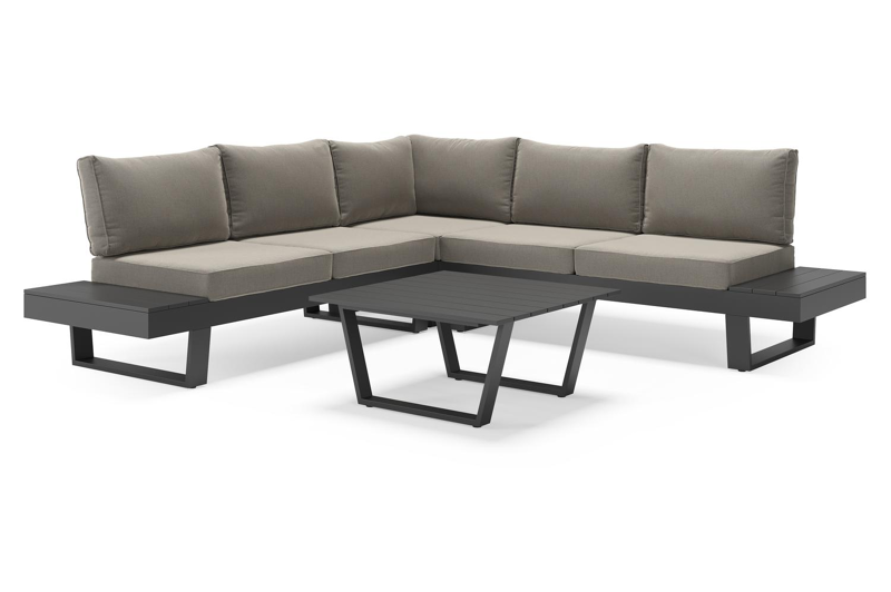 Alora loungehoek in zwart aluminium met grijs Weather+ Softtouch kussen en loungetafel
