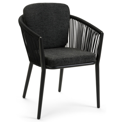 Orso tuinstoel in zwart aluminium en zwart verticaal geweven rope met kussen in chartres sooty all weather sunbrella® luxe