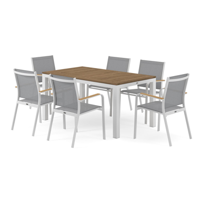 Varese tuinset in wit aluminium en naturel teak tafelblad met 6 stapelbare Amalfi tuinstoelen