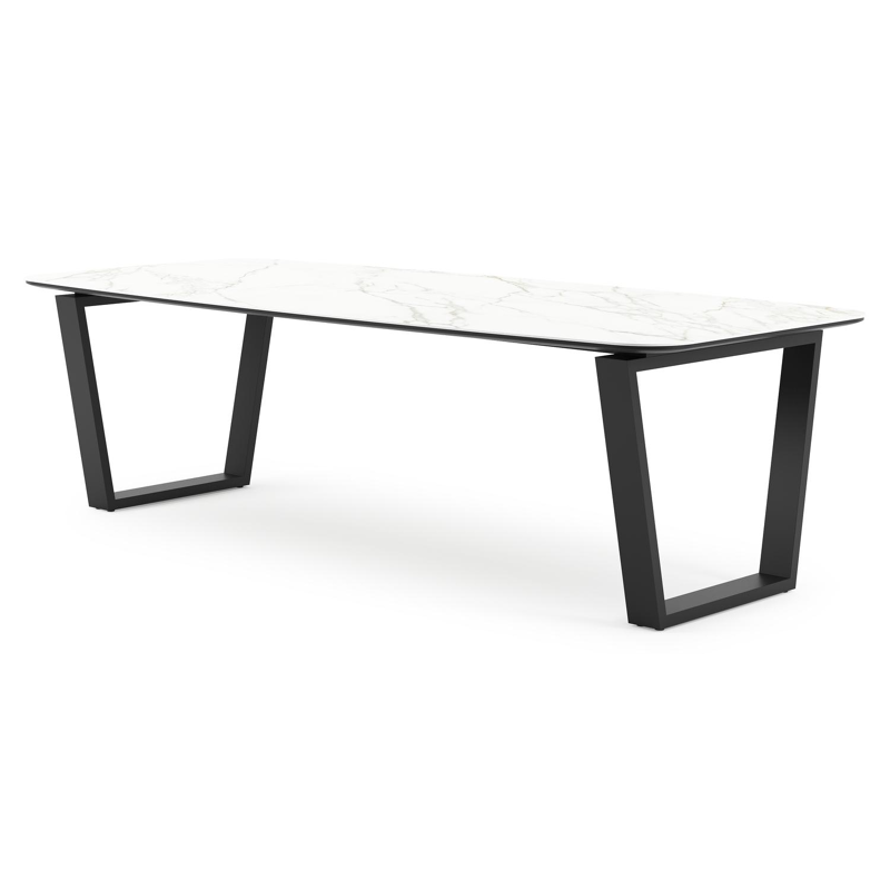 Pagino tuintafel bootvorm in zwart aluminium en volkeramiek Calacatta - L 255 x B 115 x H 73 cm