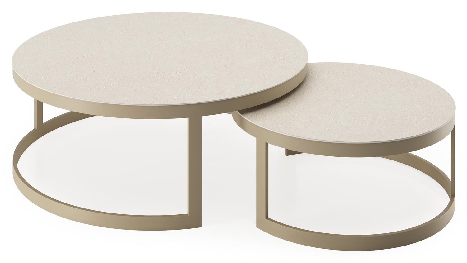 Ensemble de 2 tables basses Enna ronde en aluminium beige et céramique pleine beige - Table 1 Diam. 70 x Haut. 30 cl Table 2 Diam. 100 x Haut. 37 cm