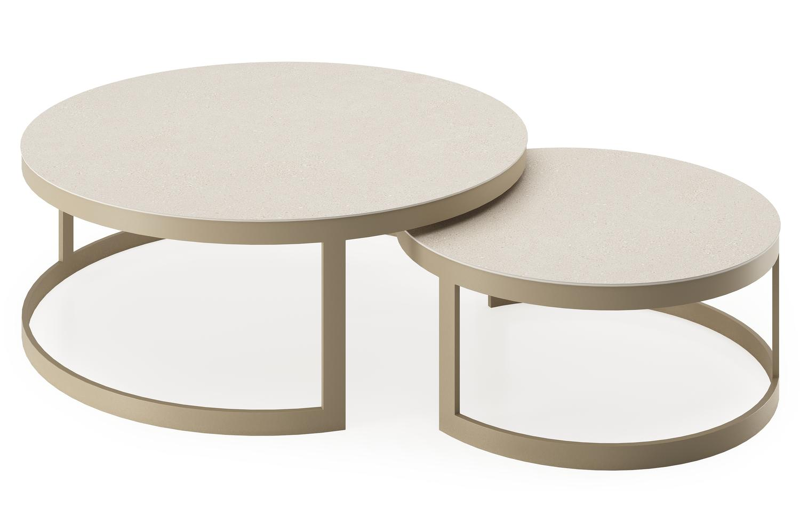 Enna set van 2 loungetafels rond in beige aluminium en volkeramiek beige - Dia. 100/70 x H 37/30 cm
