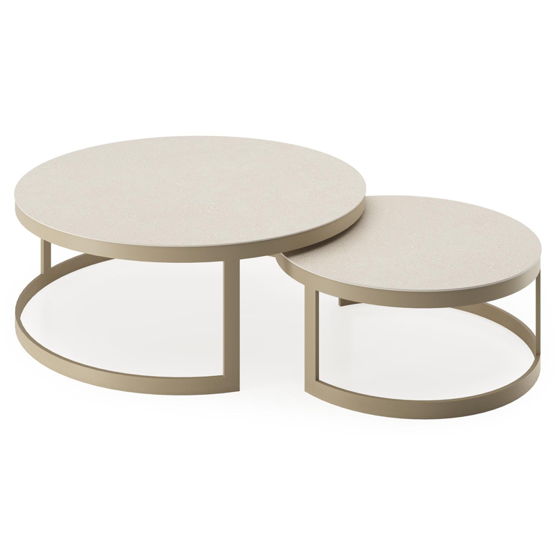 Enna set van 2 loungetafels rond in beige aluminium en volkeramiek beige - Dia. 100/70 x H 37/30 cm