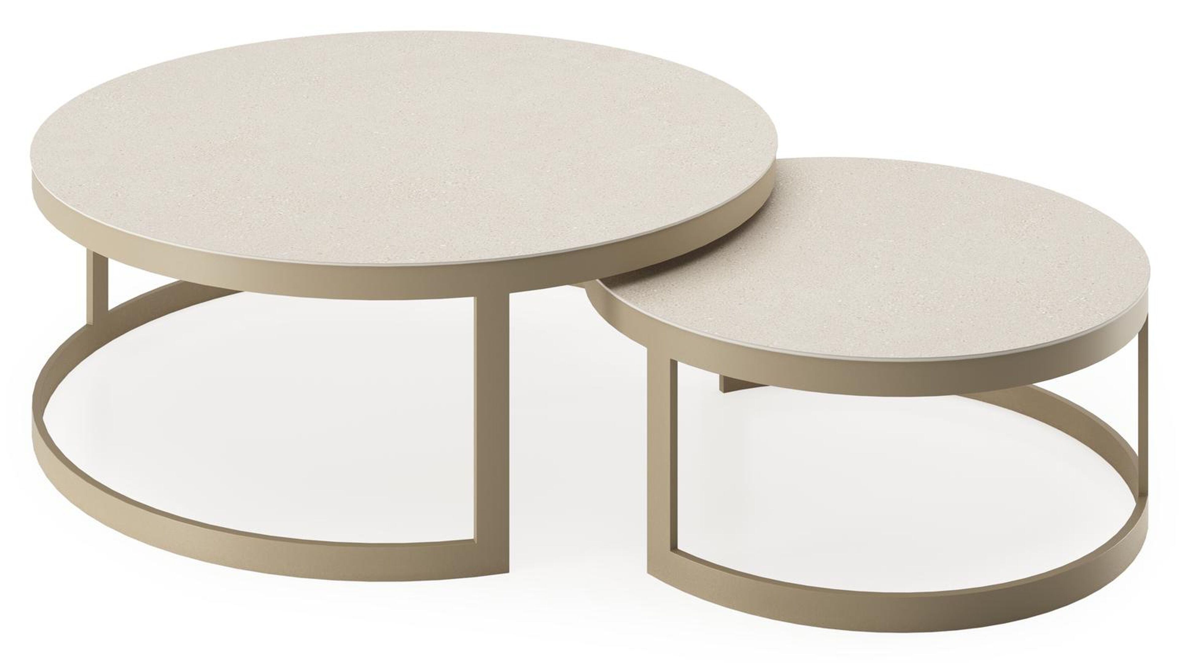 Enna set van 2 loungetafels rond in beige aluminium en volkeramiek beige - Dia. 100/70 x H 37/30 cm