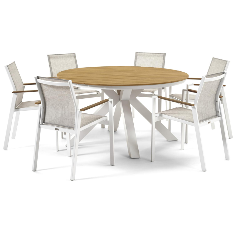 Ensemble de jardin Tora en aluminium blanc avec plateau de table en polywood naturel et 6 chaises de jardin empilables Bahia