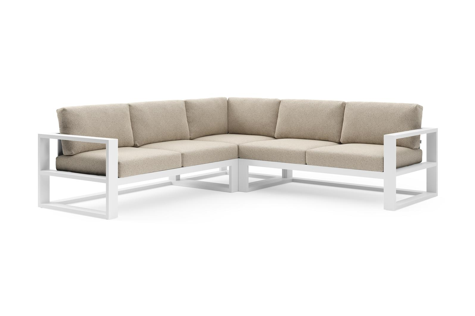 Verato loungehoek in wit aluminium met bora desert all weather cosytica kussen