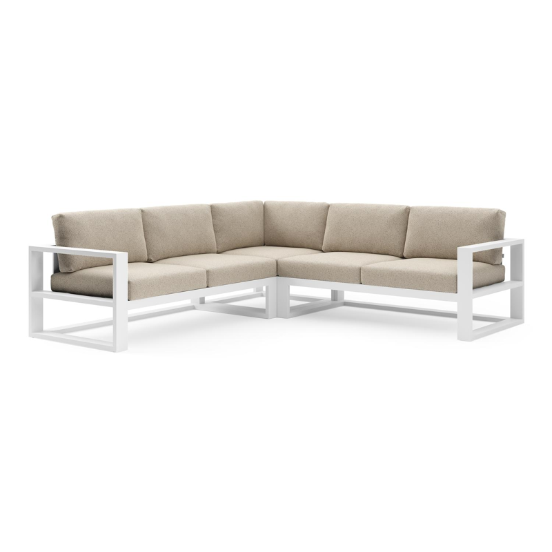 Verato loungehoek in wit aluminium met bora desert all weather cosytica kussen