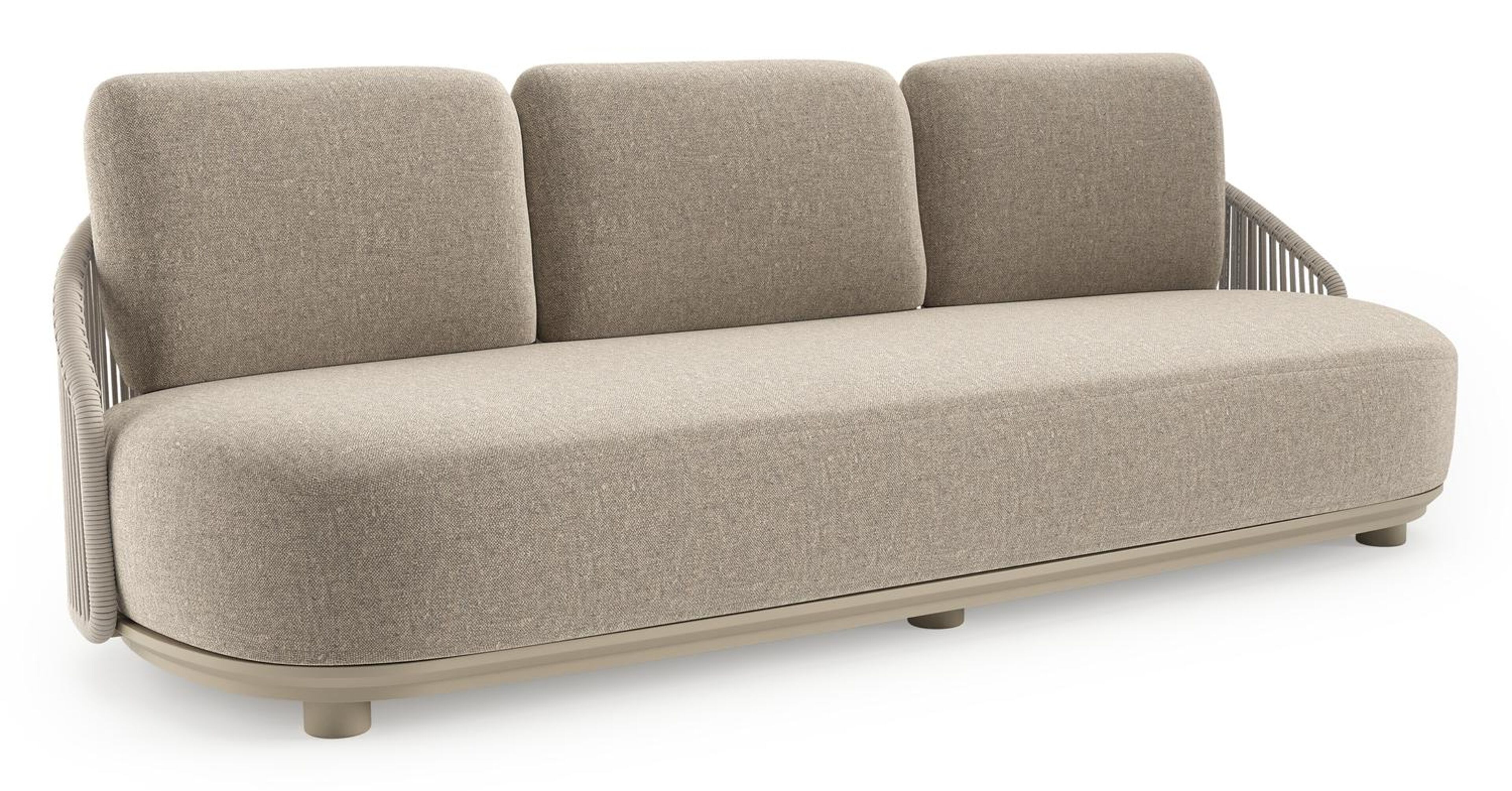 Canapé de jardin Vadelo en aluminium beige et corde ronde tissée verticalement beige et coussins en all weather sunbrella® luxe chartres pewter