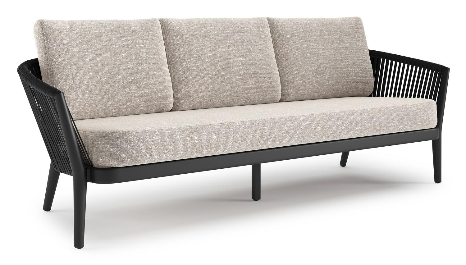 Orso loungebank in zwart aluminium en zwart verticaal geweven ronde rope met Tundra Sand all weather sunbrella® luxe kussen