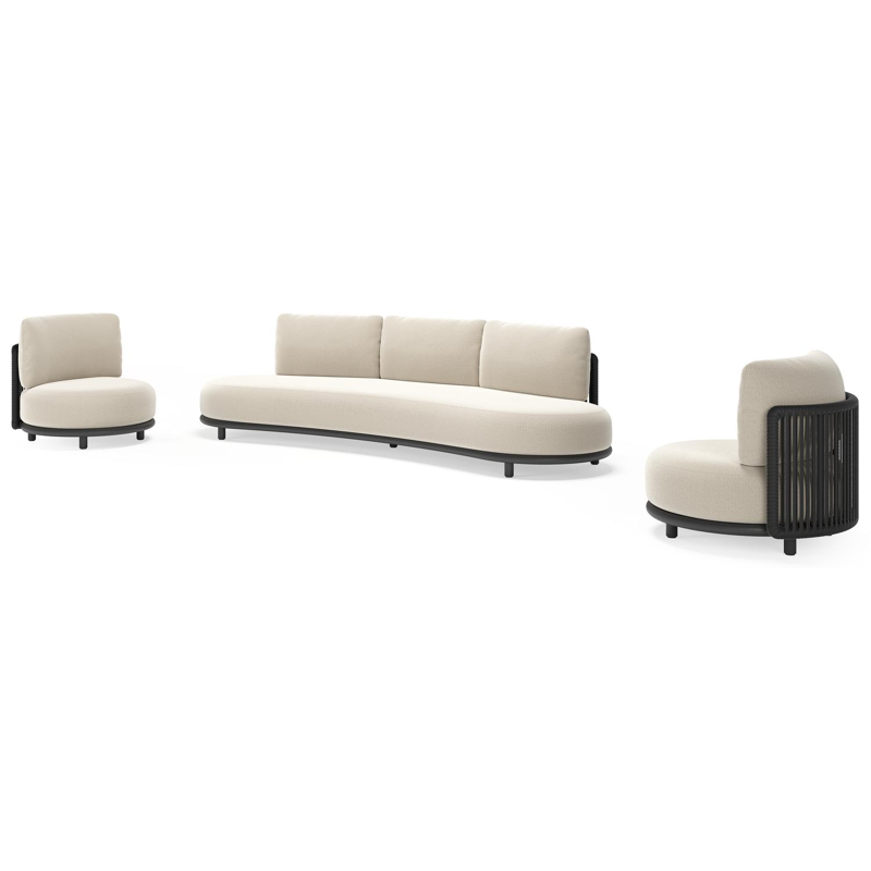 Lomano loungeset in zwart aluminium en zwart verticaal geweven luxe vlakke rope met lopi marble all weather sunbrella® luxe kussen